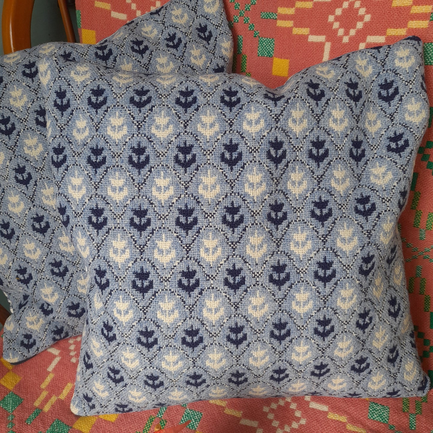 PAIR of Cushions in Navy, Blue & White Made From Vintage Welsh Tapestry 'Tulip' Fabric by Brynkir Woollen Mill 18"