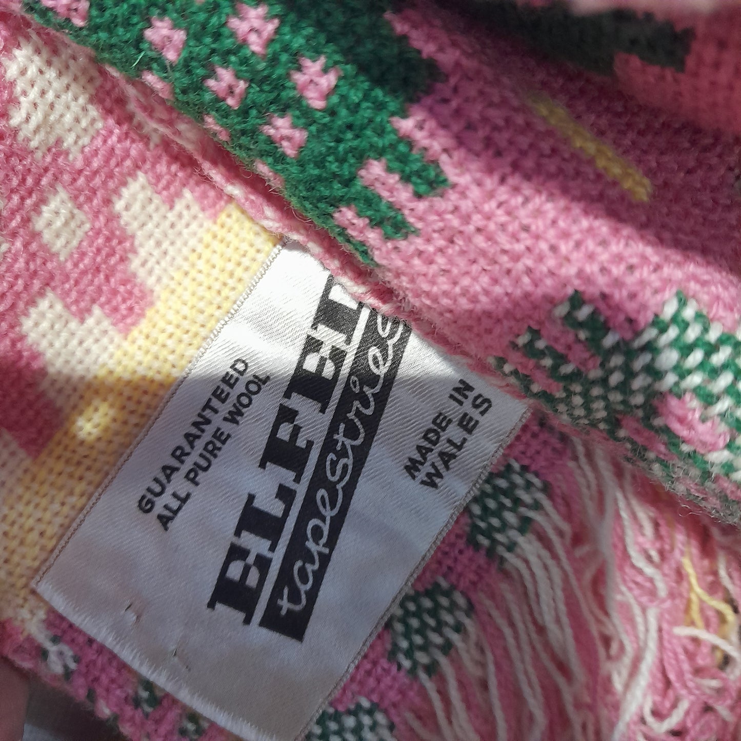 Vintage Welsh Tapestry Blanket in Pink Green & White With a Pop of Yellow by Elfed Woollen Mill