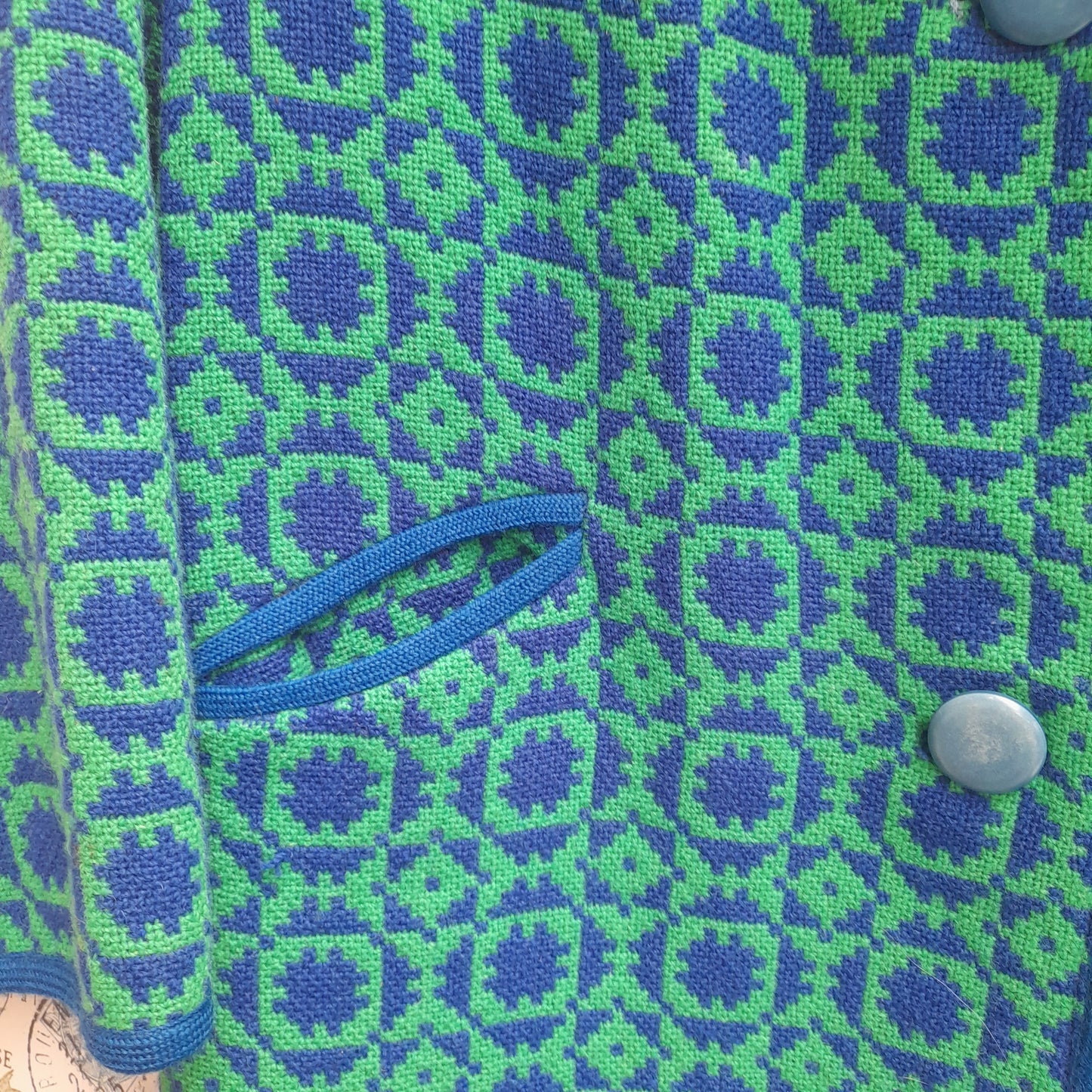 Vintage Welsh Tapestry Coat in Emerald Green & Cobalt Blue 16/18