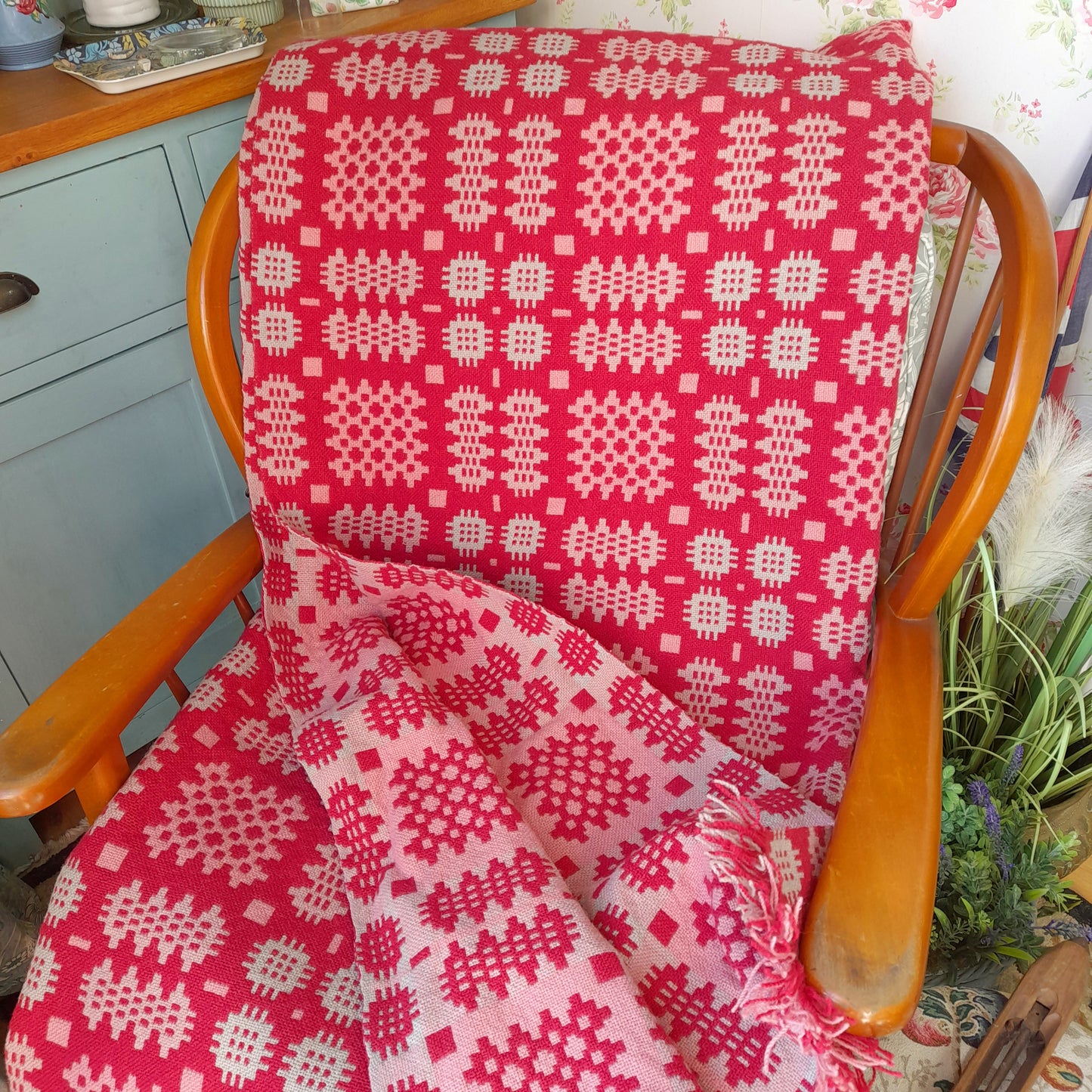 Vintage Welsh Tapestry Blanket in Raspberry Grey & Pink by Trefriw Woollen Mill