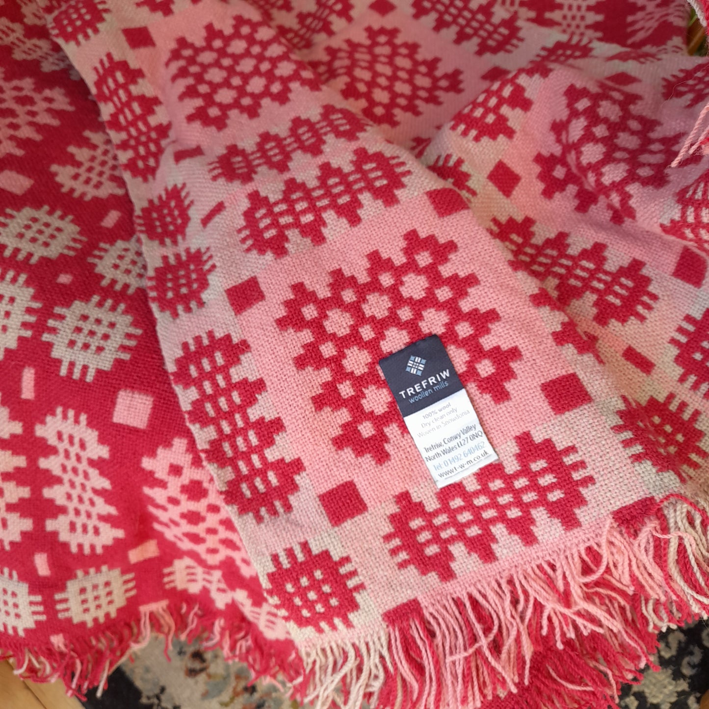 Vintage Welsh Tapestry Blanket in Raspberry Grey & Pink by Trefriw Woollen Mill