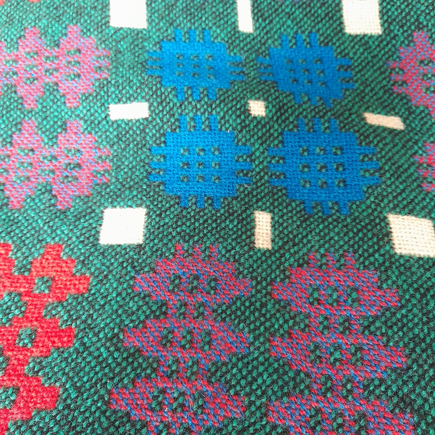 Vintage Welsh Tapestry Blanket in Teal Green, Cobalt Blue, Scarlet Red & White