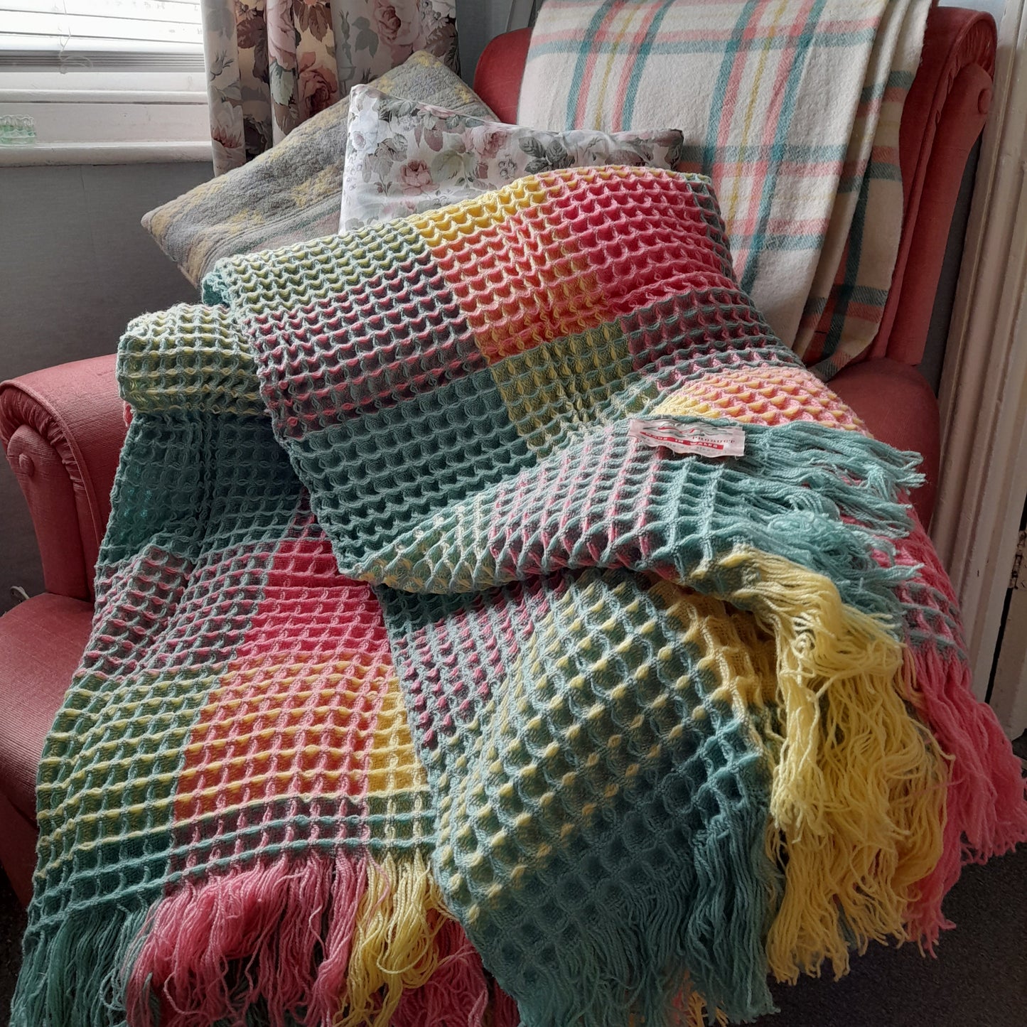 Vintage Welsh Wool Waffle Honeycomb Blanket in Rainbow Colours Pink Green Blue & Yellow by Derw Mill King Size