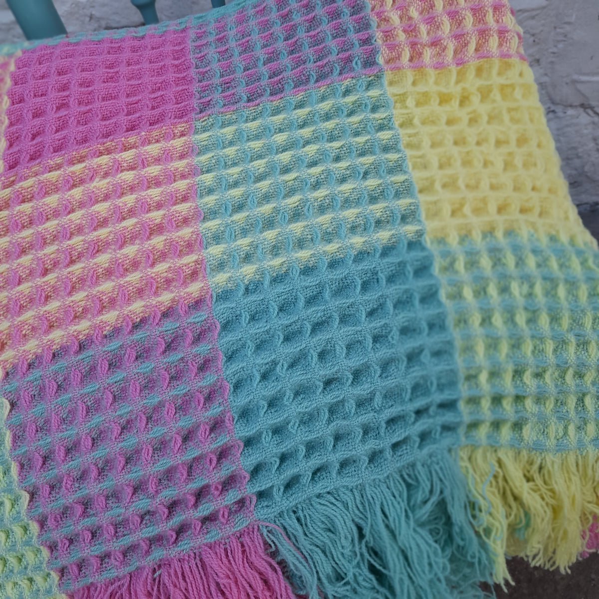 Vintage Welsh Wool Waffle Honeycomb Blanket in Rainbow Colours Pink Green & Yellow by Derw Mill King Size