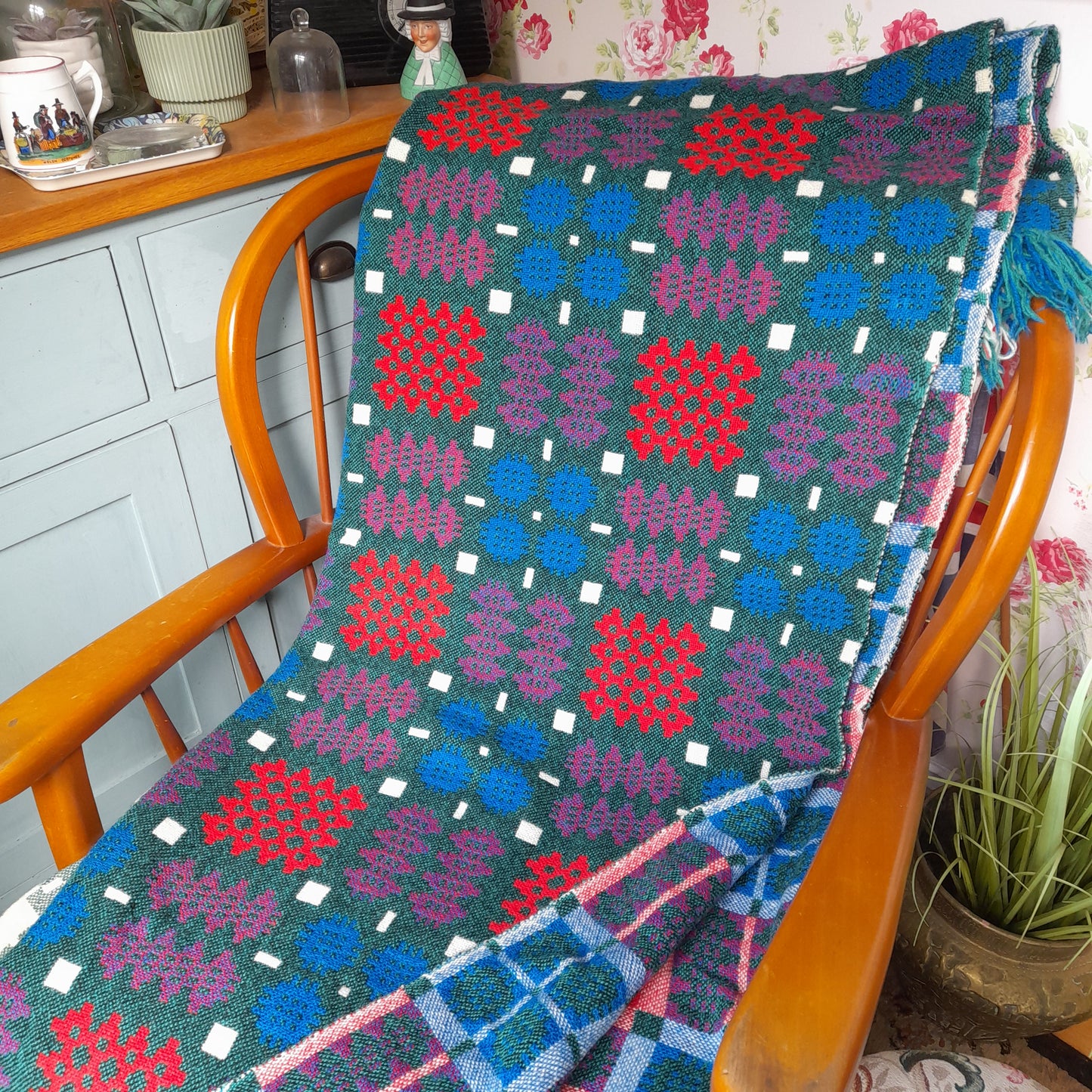 Vintage Welsh Tapestry Blanket in Teal Green, Cobalt Blue, Scarlet Red & White