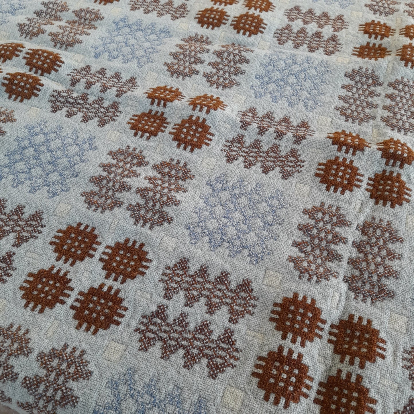 RARE Early Antique Welsh Tapestry Blanket in Grey Blue & Brown