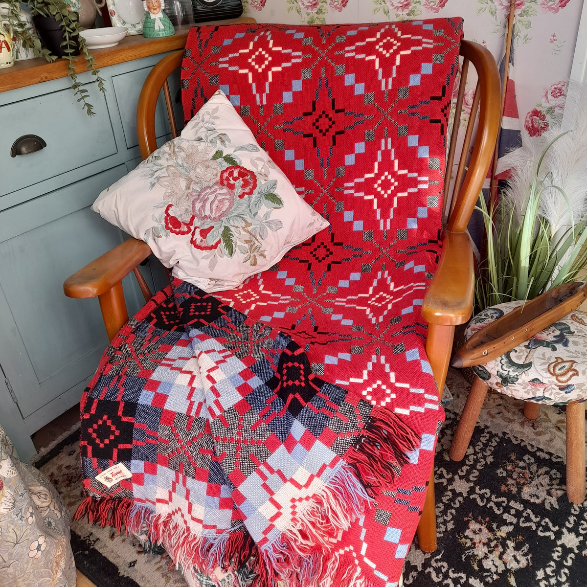 Vintage Welsh Tapestry Blanket in Raspberry Red, Black & White With A Pop of Sky Blue By Melin Tregwynt King Size