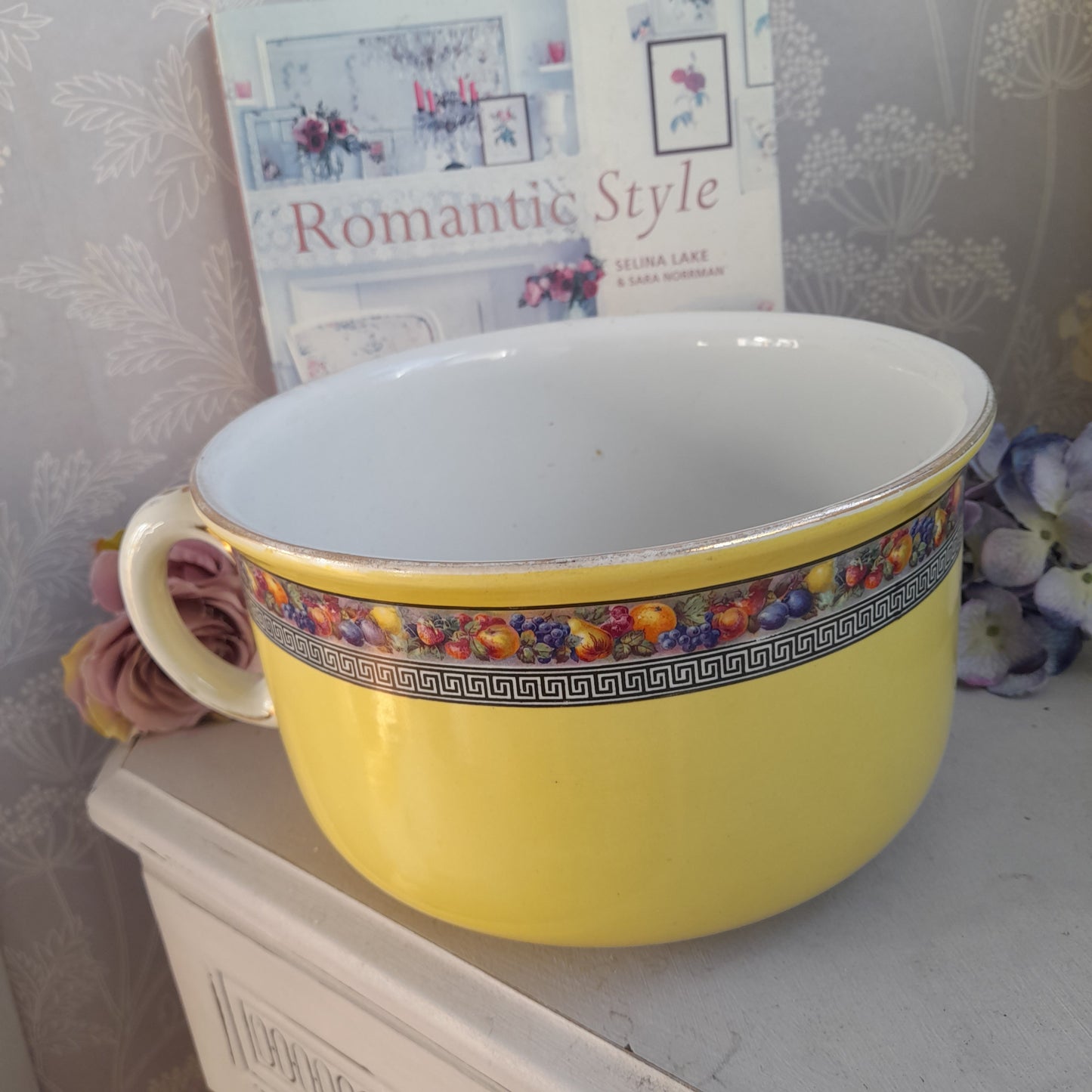 Victorian Sunshine Yellow Chamber Pot with Fruit & Greek Key Design