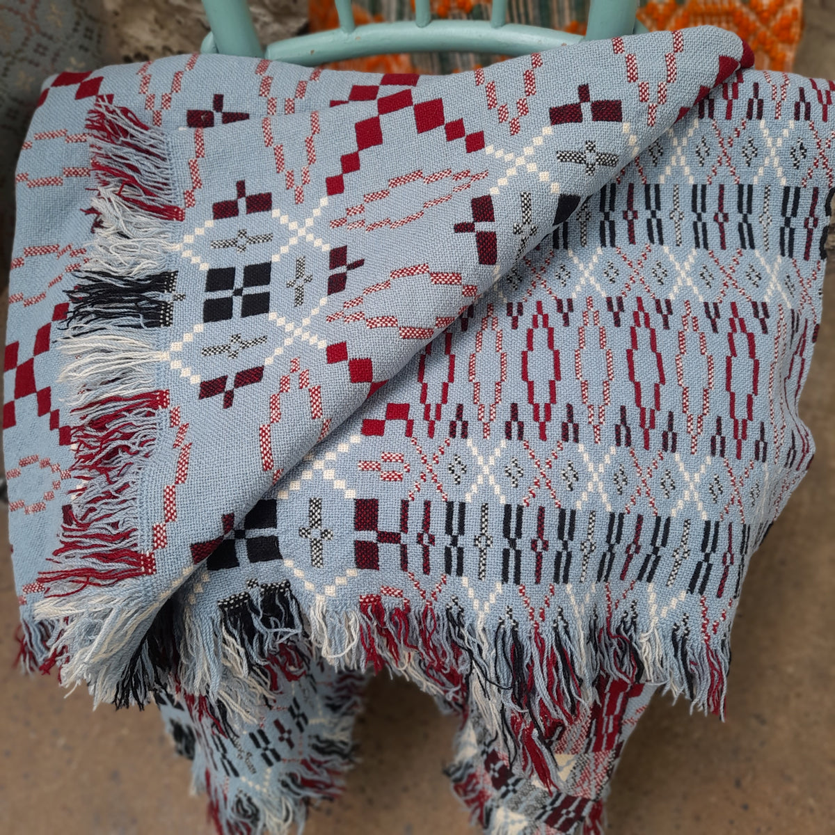 Rare Vintage Welsh Tapestry Blanket in Wedgwood Blue, White, Black & Burgundy Claret King Size
