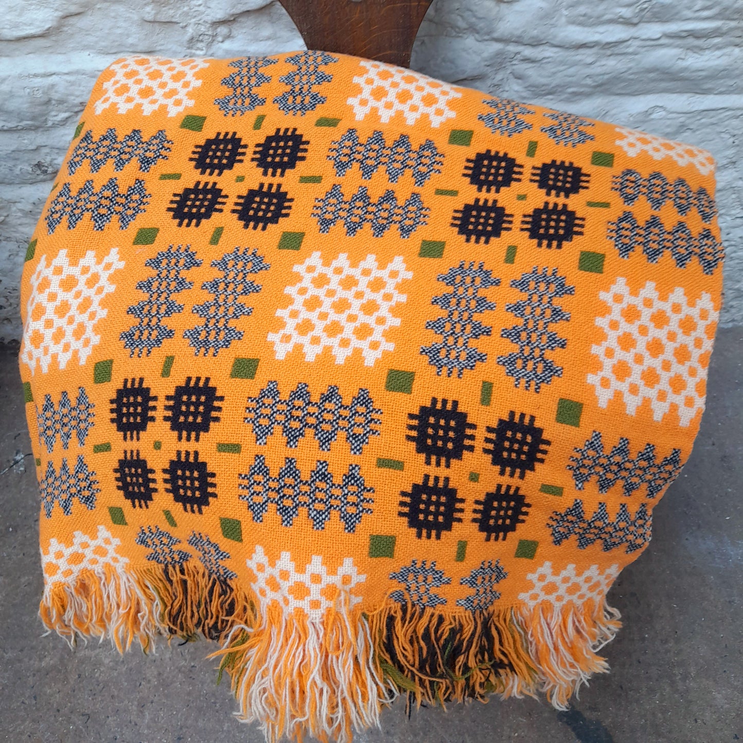 Vintage Welsh Tapestry Blanket in Tangerine Orange Olive Green Black & White