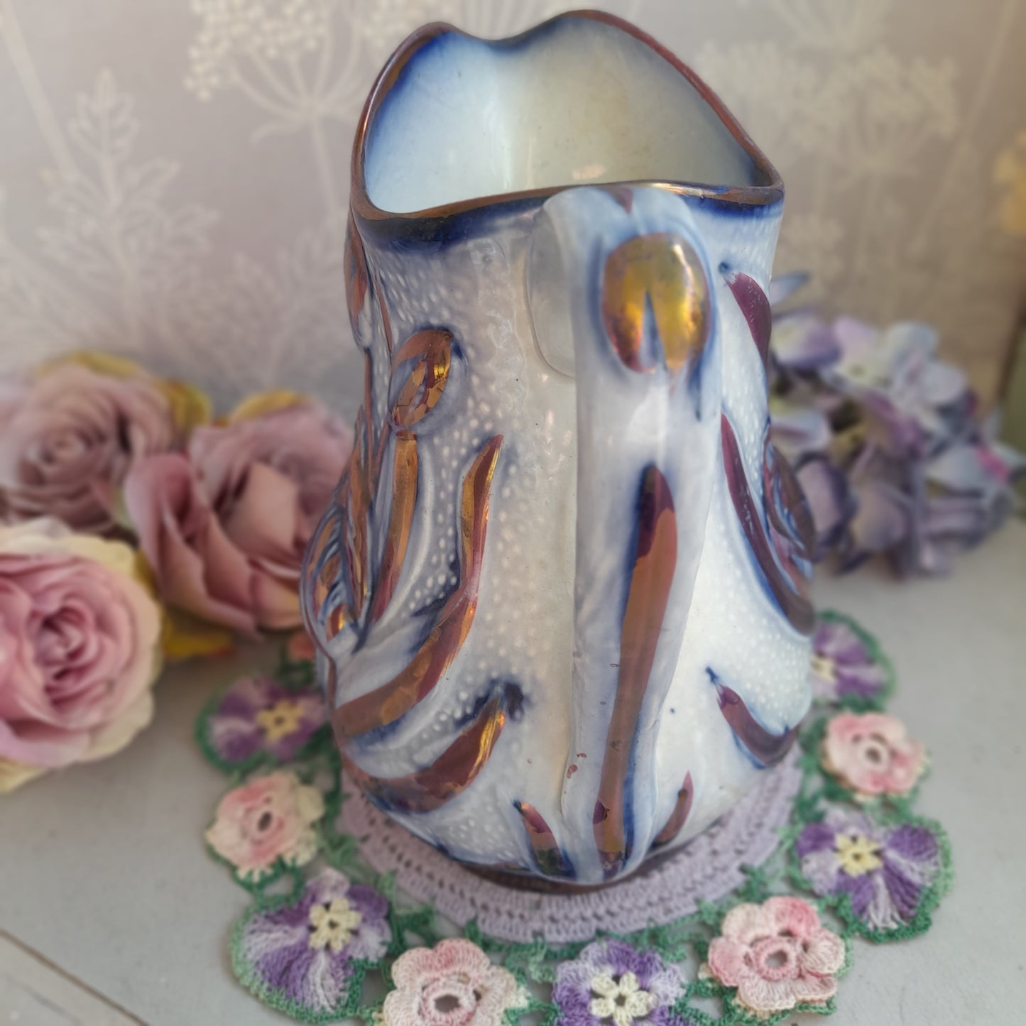 19thC James Dudson Antique Lusterware Blue & Gold Tulip Pitcher Jug