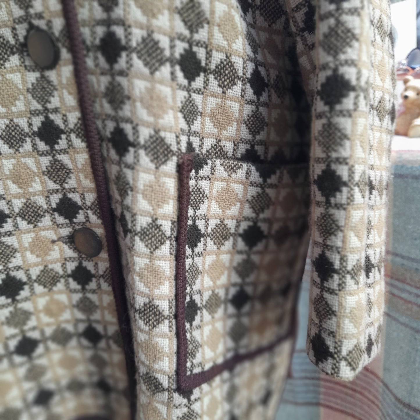 Vintage Welsh Tapestry Pea Coat in Brown & Cream Diamond Design Size 14/16