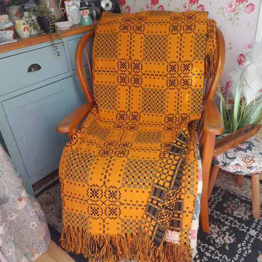 Vintage Welsh Tapestry Blanket in Bright Orange, Olive Green & Black by Dyffryn Mill King Size