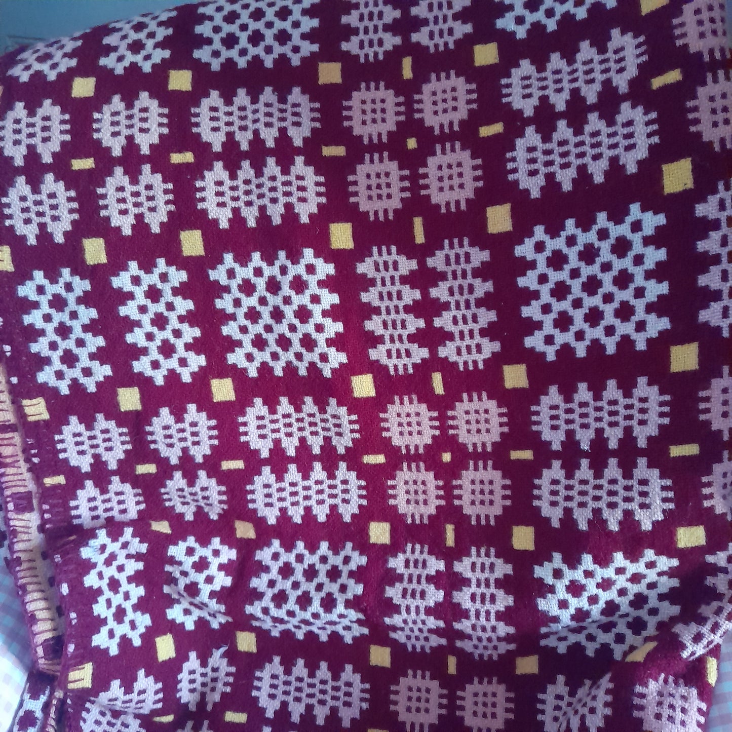 Vintage Welsh Tapestry Blanket in Burgundy Pink & A Pop of Daffodil Yellow King Size
