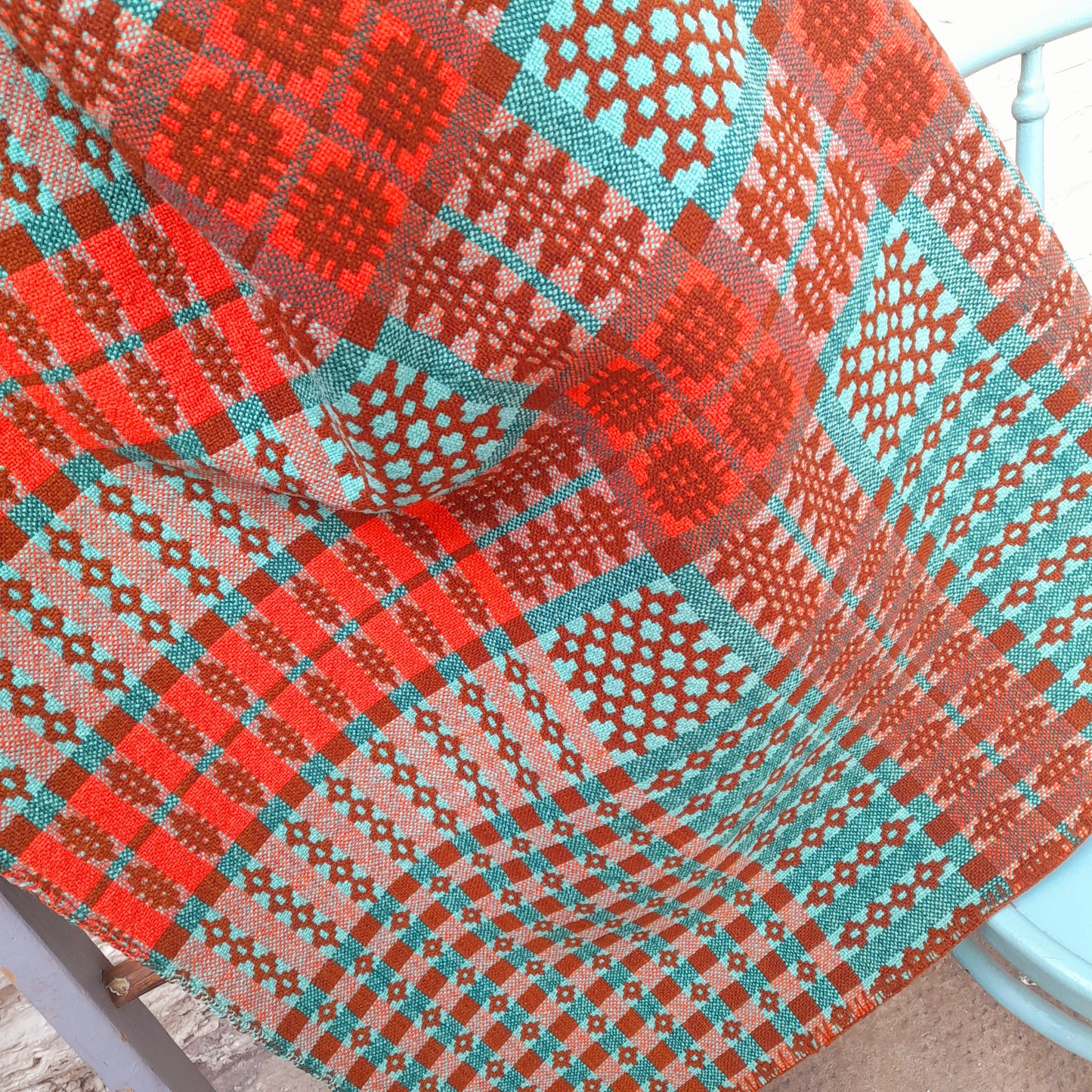 Early Antique Handmade Welsh Wool Tapestry Blanket in Teal Green, Orange Red & Terracotta