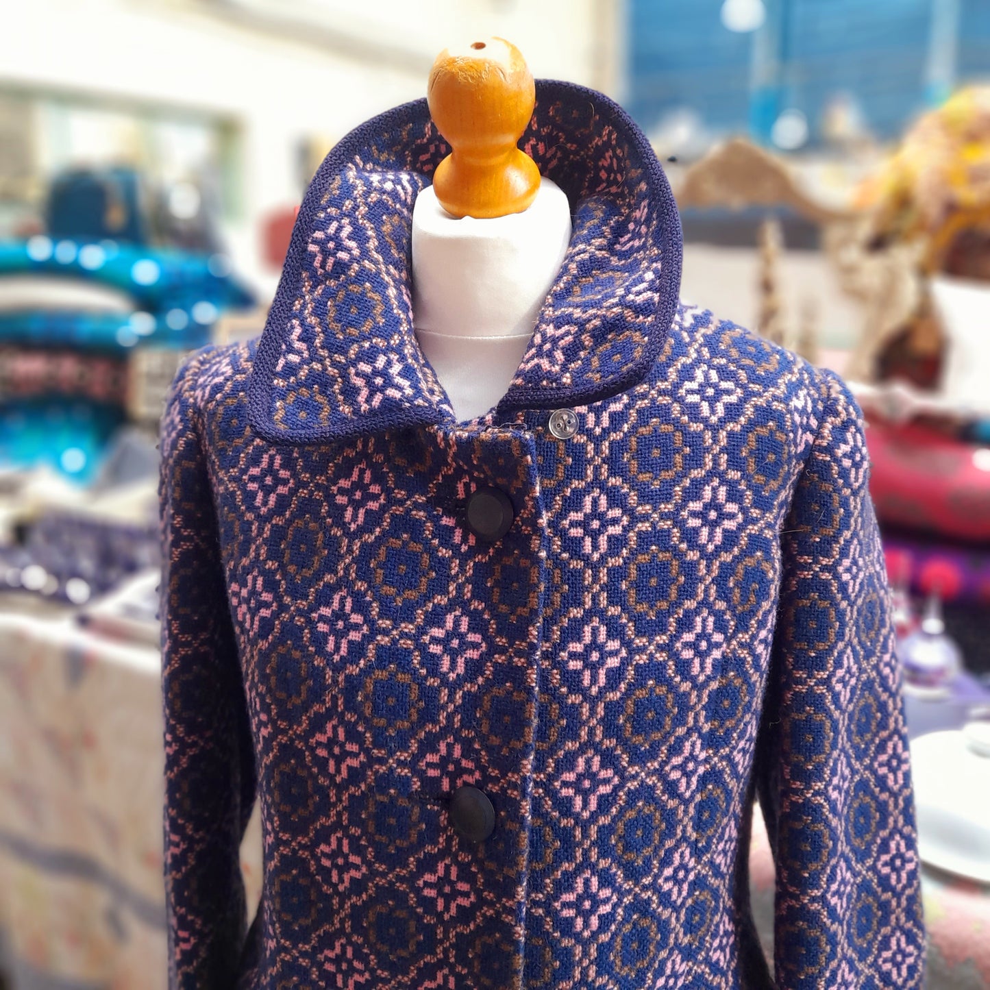 Vintage Full Length Welsh Tapestry Coat in Navy Blue Brown & Pink Unworn