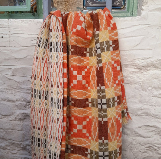 Vintage Welsh Tapestry Blanket in Orange Yellow Brown & Cream  Autumn Colours King Size