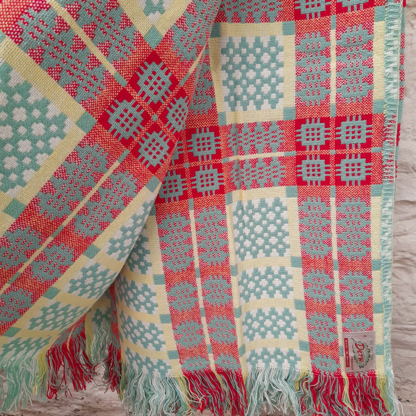 Vintage Welsh Tapestry Blanket in Green, Raspberry Red, Lemon Yellow & White King Size