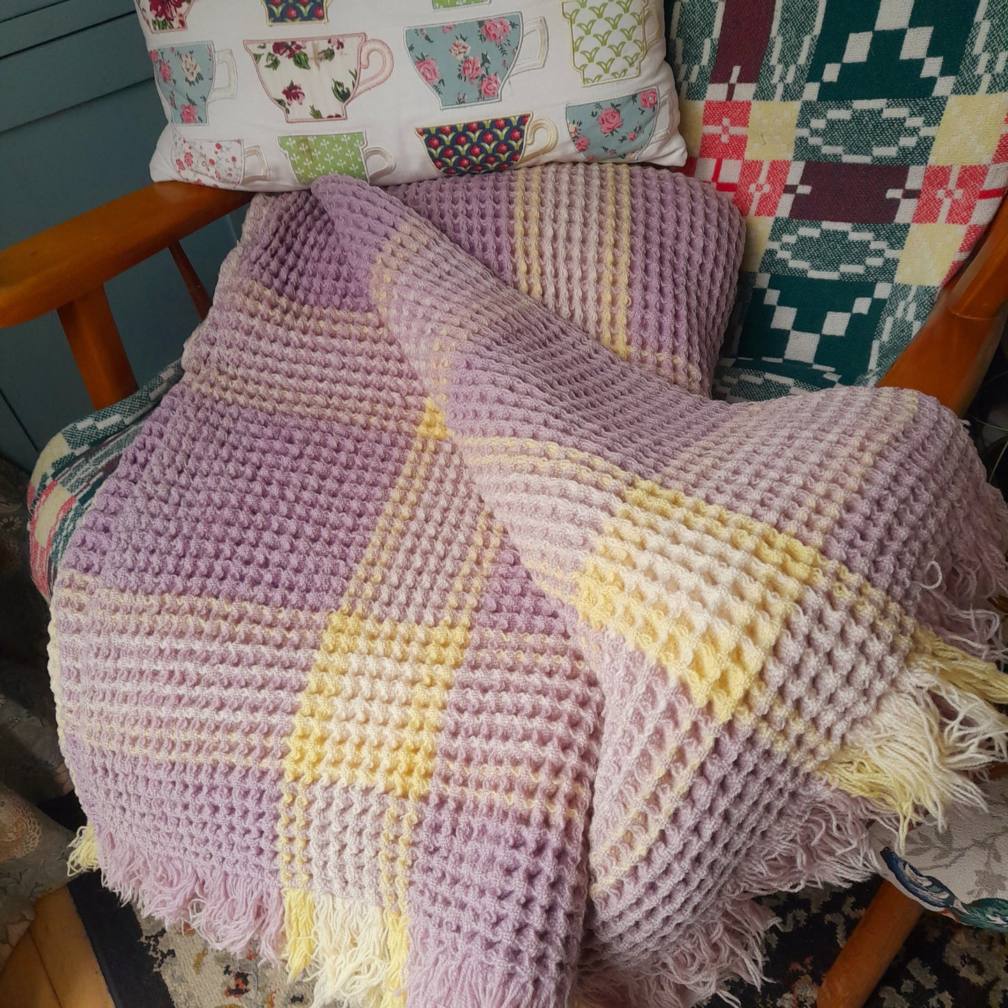 Vintage Welsh Wool Waffle Honeycomb Blanket in Lilac & Lemon Check