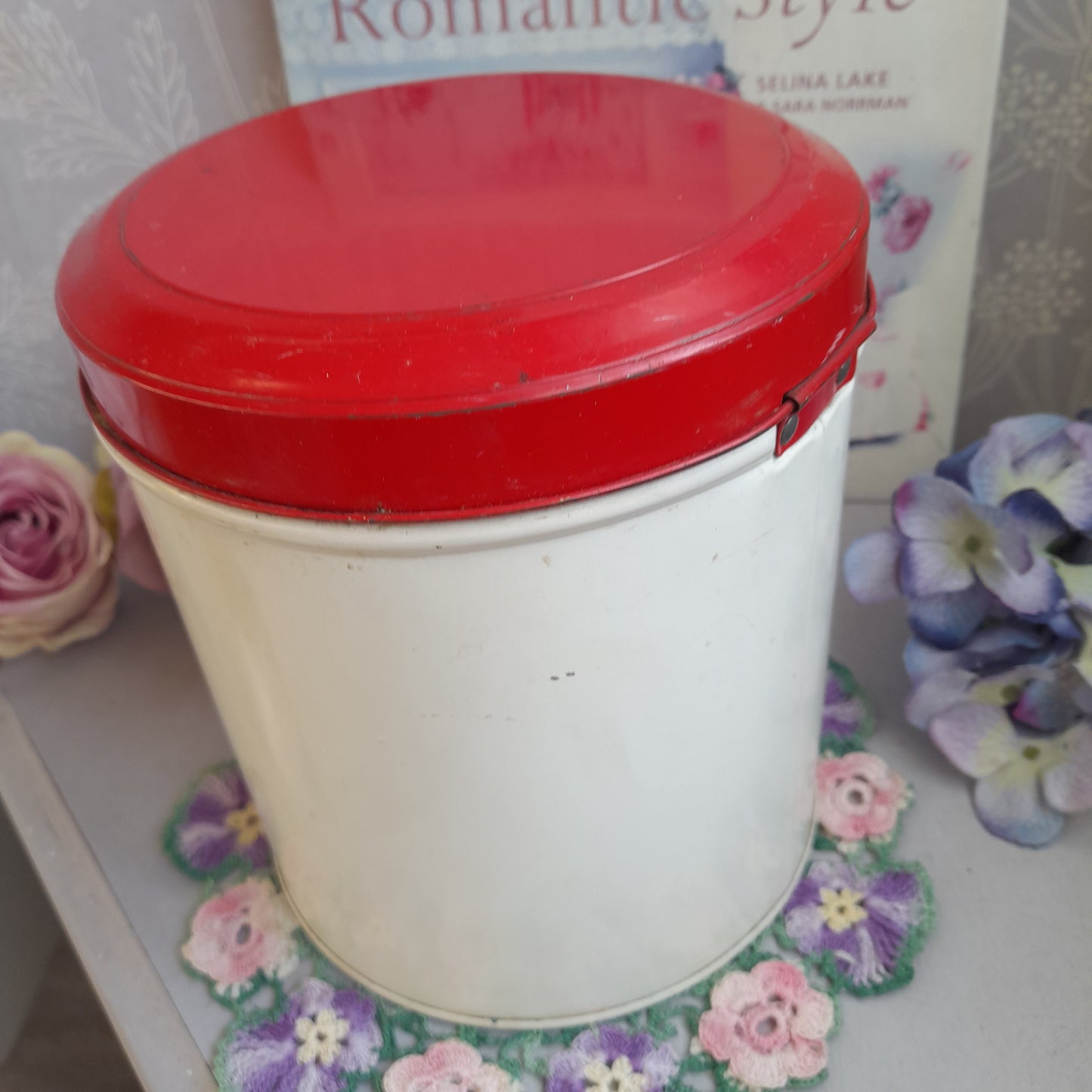 Vintage Tala Biscuit Tin in Red & Cream Enamel