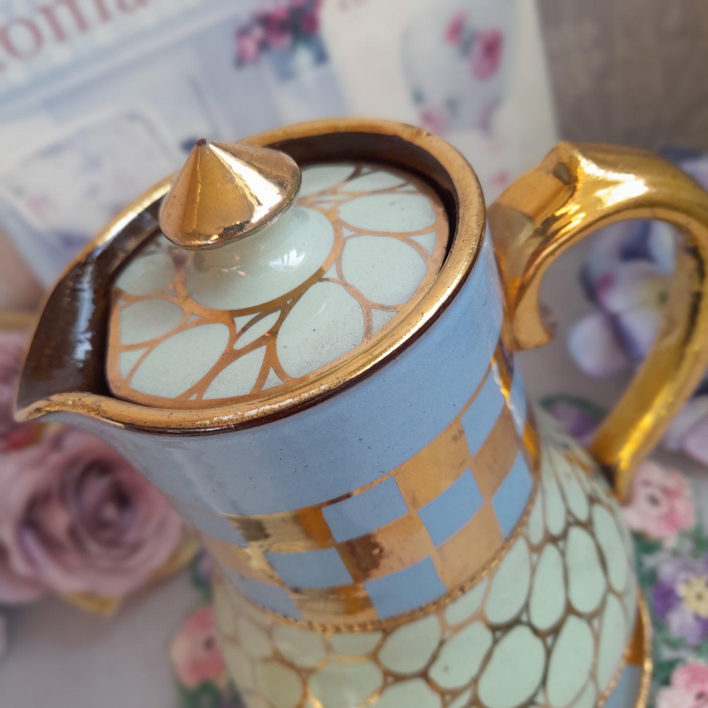 Vintage Sadler England Coffee Pot, Blue & Mint Green Checkerboard, Gold Gilt 1563