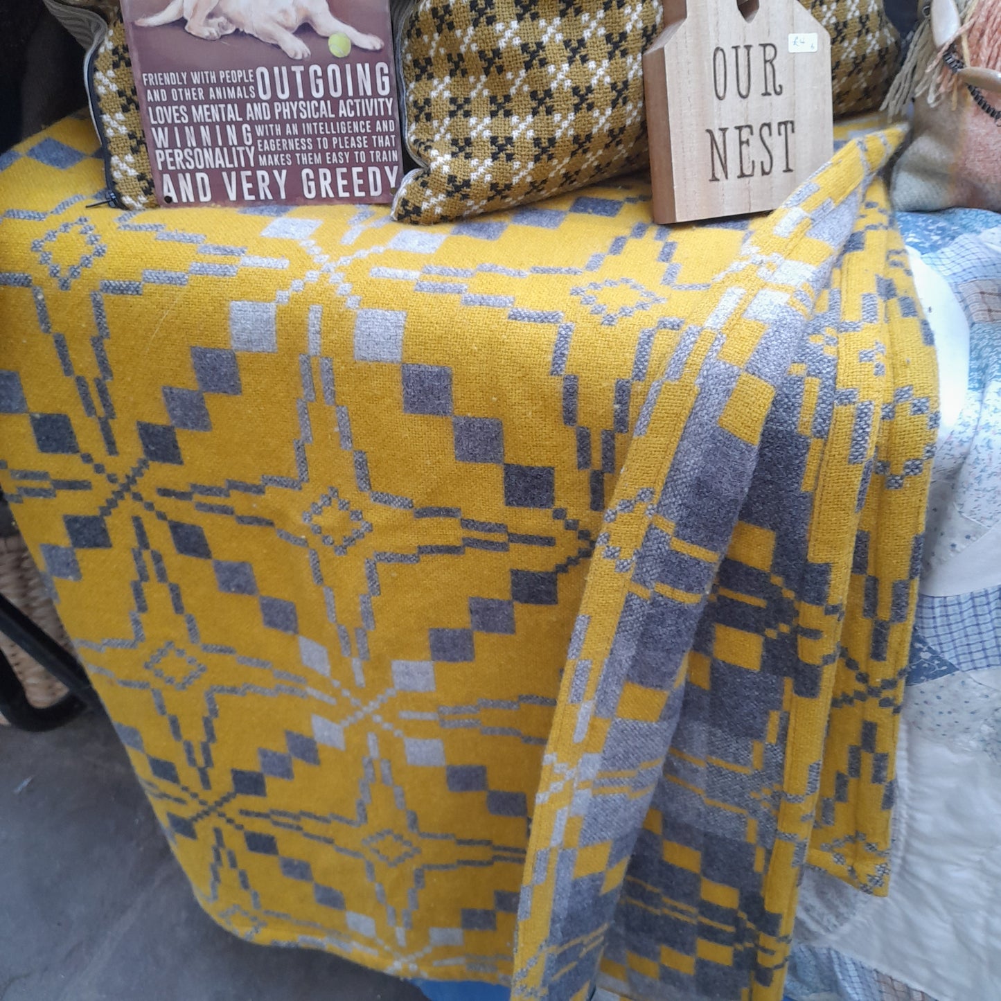 Melin Tregwynt Welsh Tapestry Blanket in Mustard & Grey in 'Vintage Star' Design