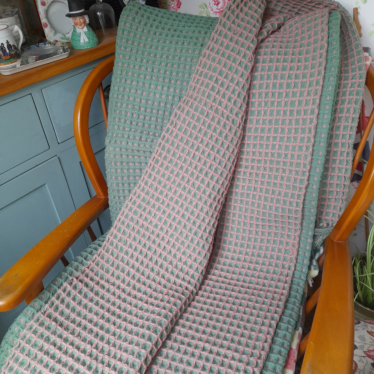 Large Vintage Welsh Wool Waffle Honeycomb Blanket in Reversible Pink & Green