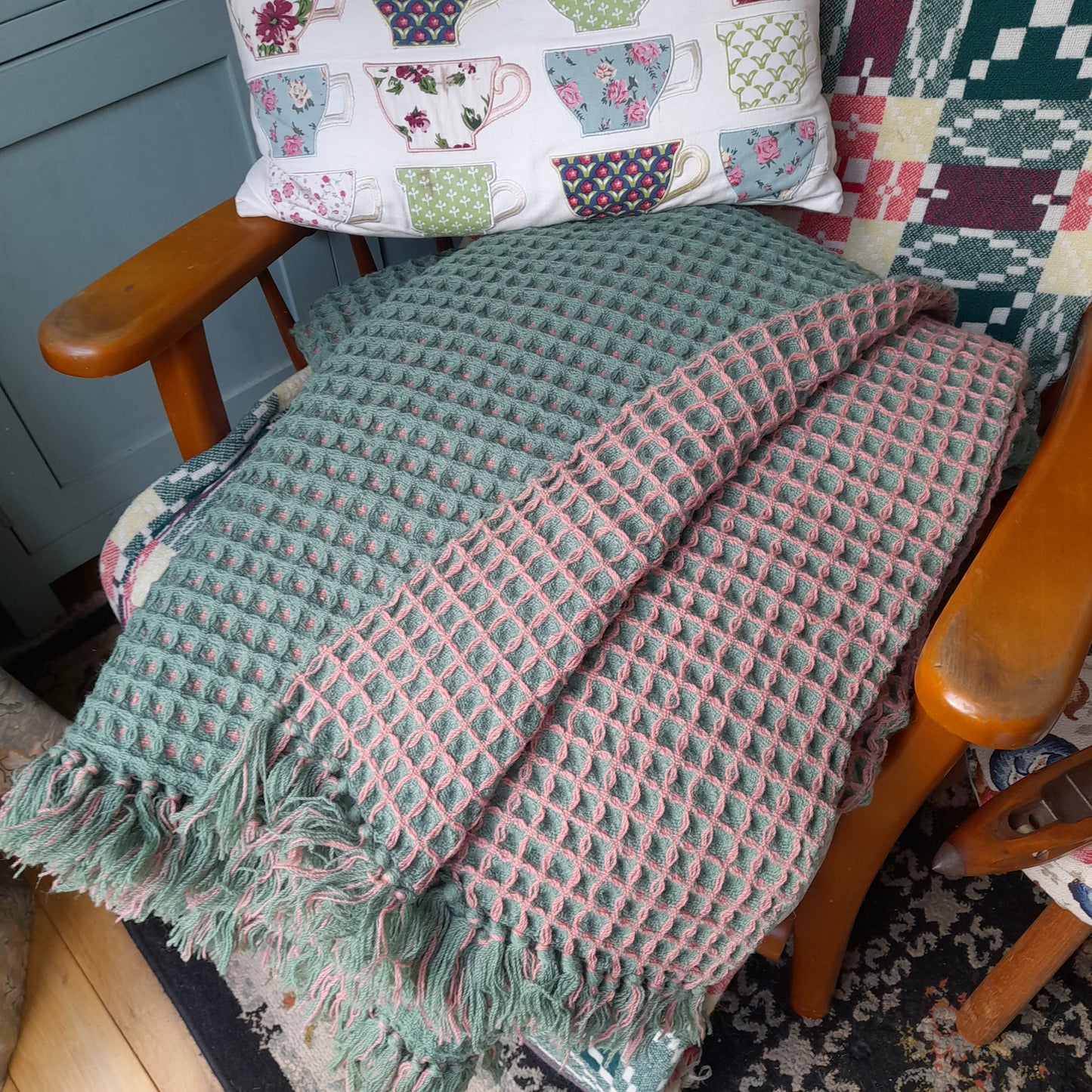 Large Vintage Welsh Wool Waffle Honeycomb Blanket in Reversible Pink & Green