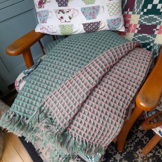 Large Vintage Welsh Wool Waffle Honeycomb Blanket in Reversible Pink & Green