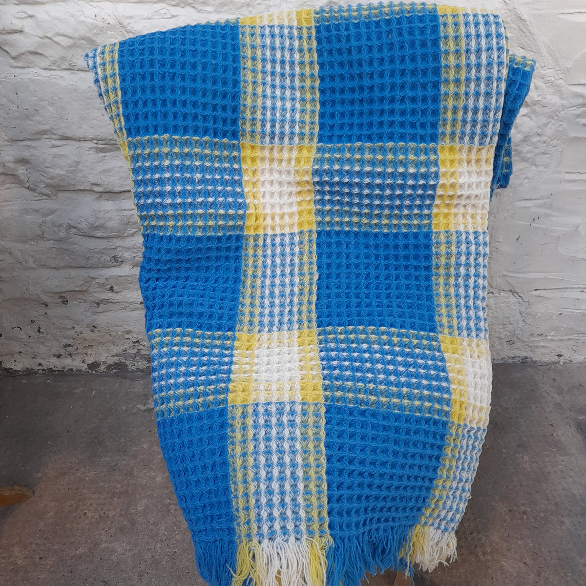 Vintage Welsh Wool Honeycomb/Waffle Blanket in Bright Blue, Yellow & White Check by Derw Mill King Size
