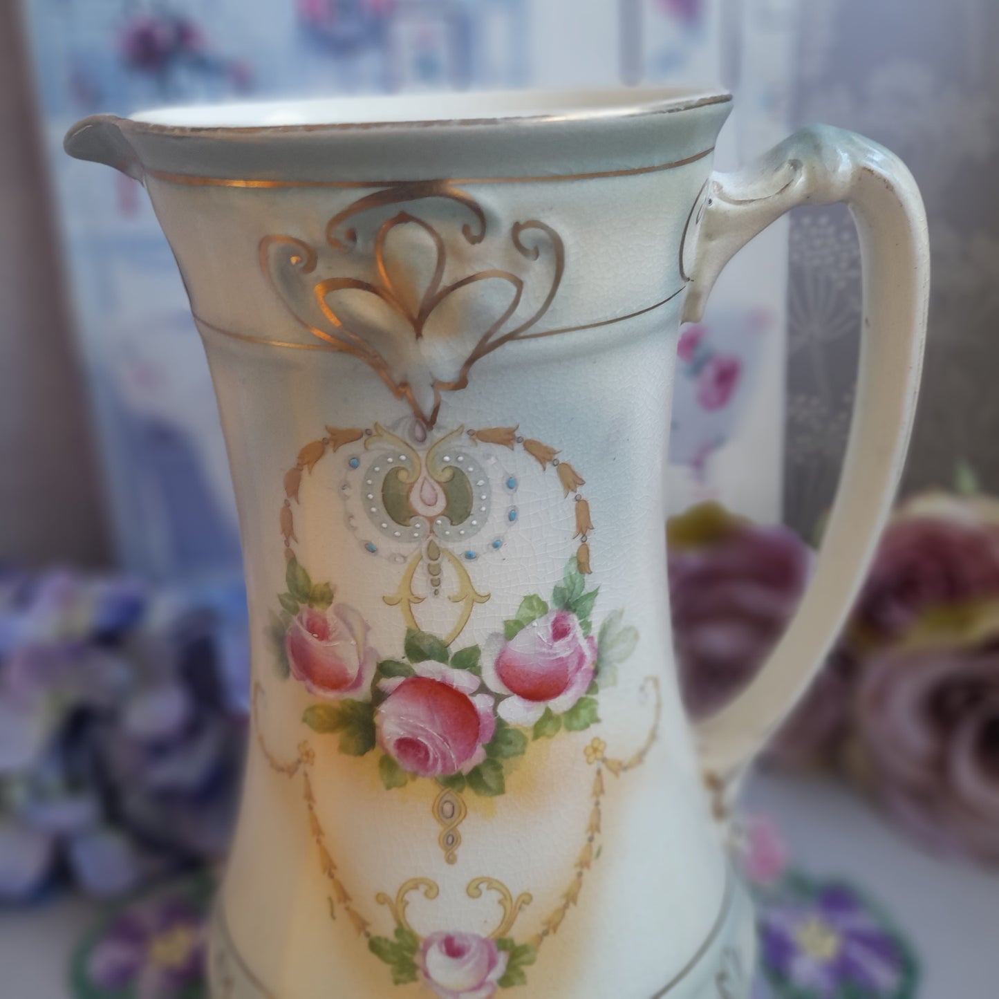 Art Nouveau Jug in Duck Egg Blue & Pink Roses Perfect Vintage Floral Vase