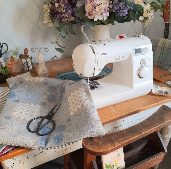 Pair of Welsh Tapestry Blanket Cushions in Pale Blue Grey & White Limited Edition 18"
