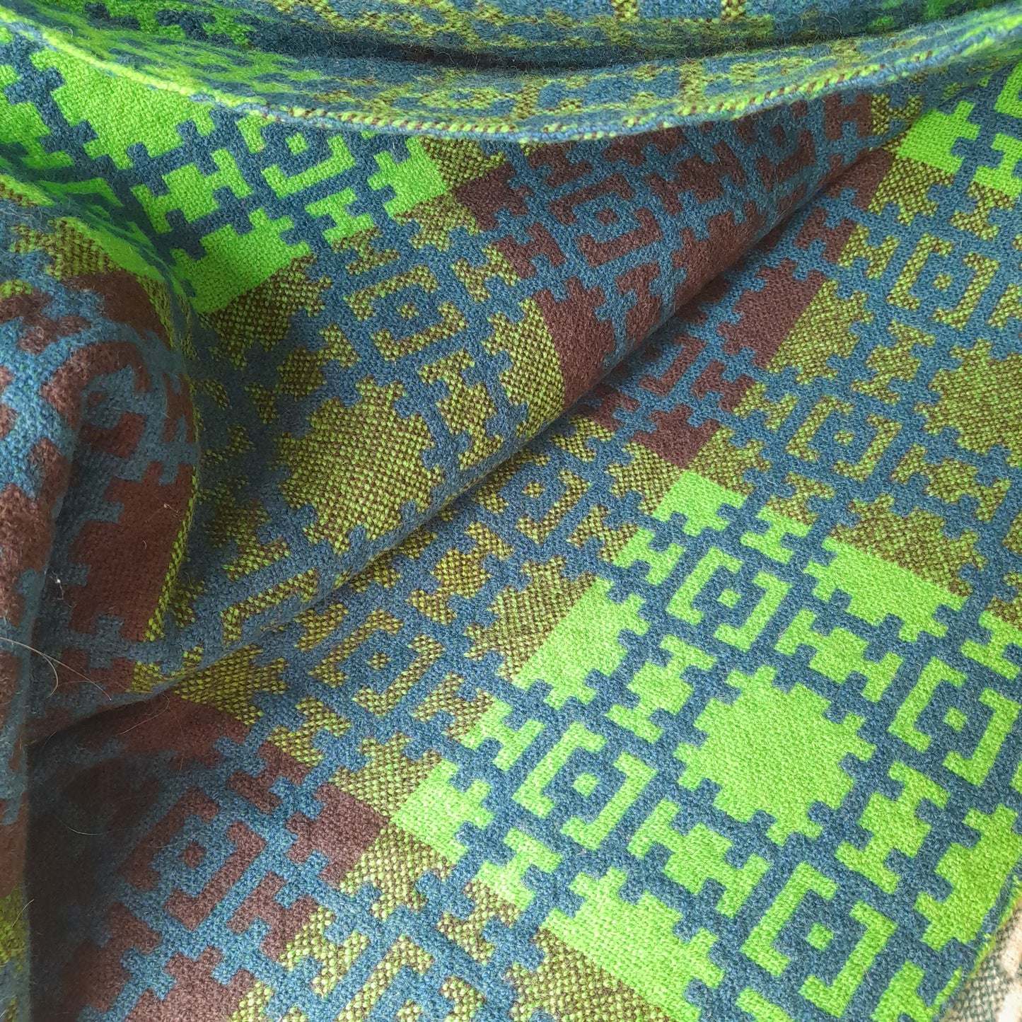 Rare Vintage Welsh Tapestry Blanket in Teal & Lime Green by Arthur Morus at Dolwerdd Mill