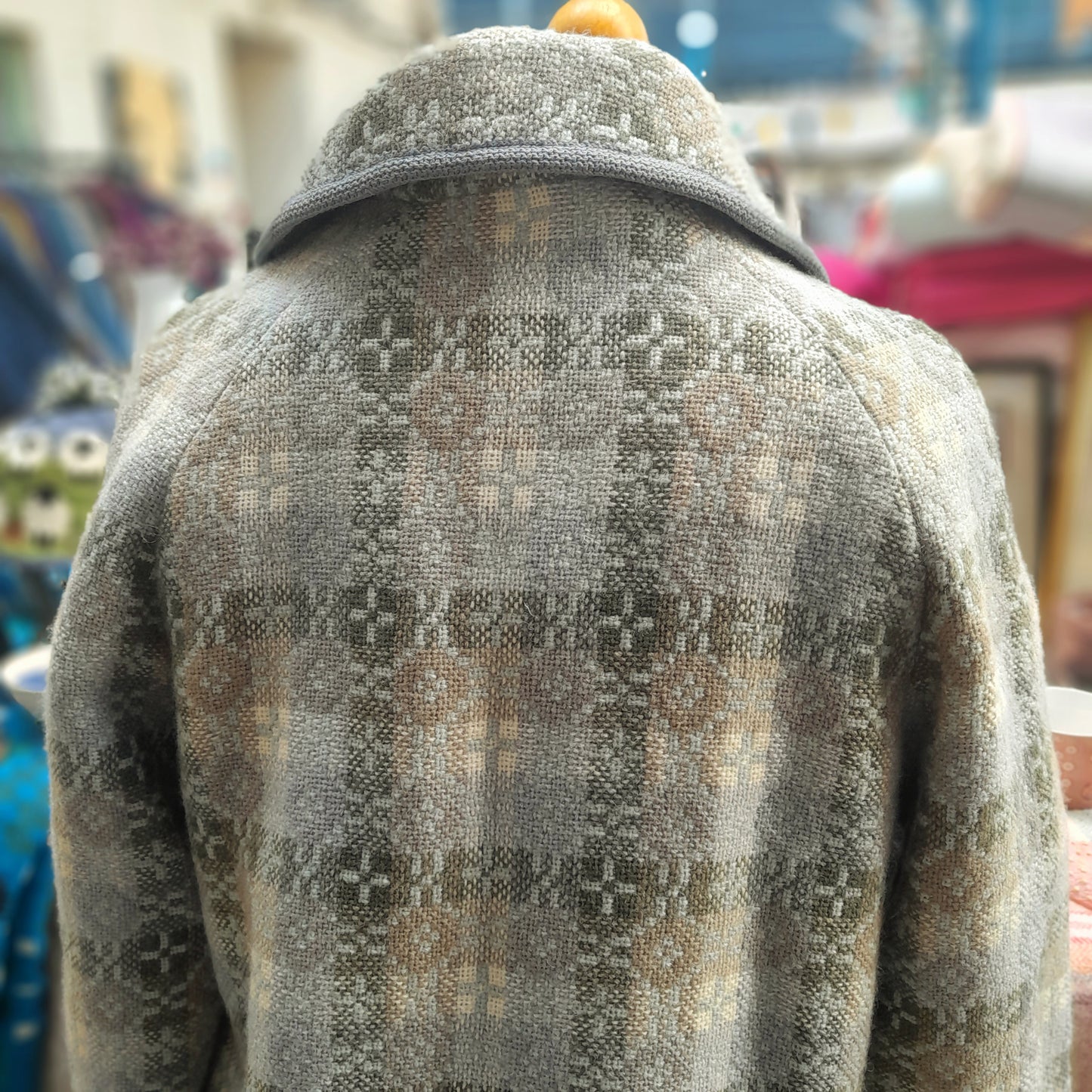 Vintage Welsh Tapestry Pea Coat in Pale Blue Grey Green & Cream by Trefriw Woollen Mill BNWT Size 12