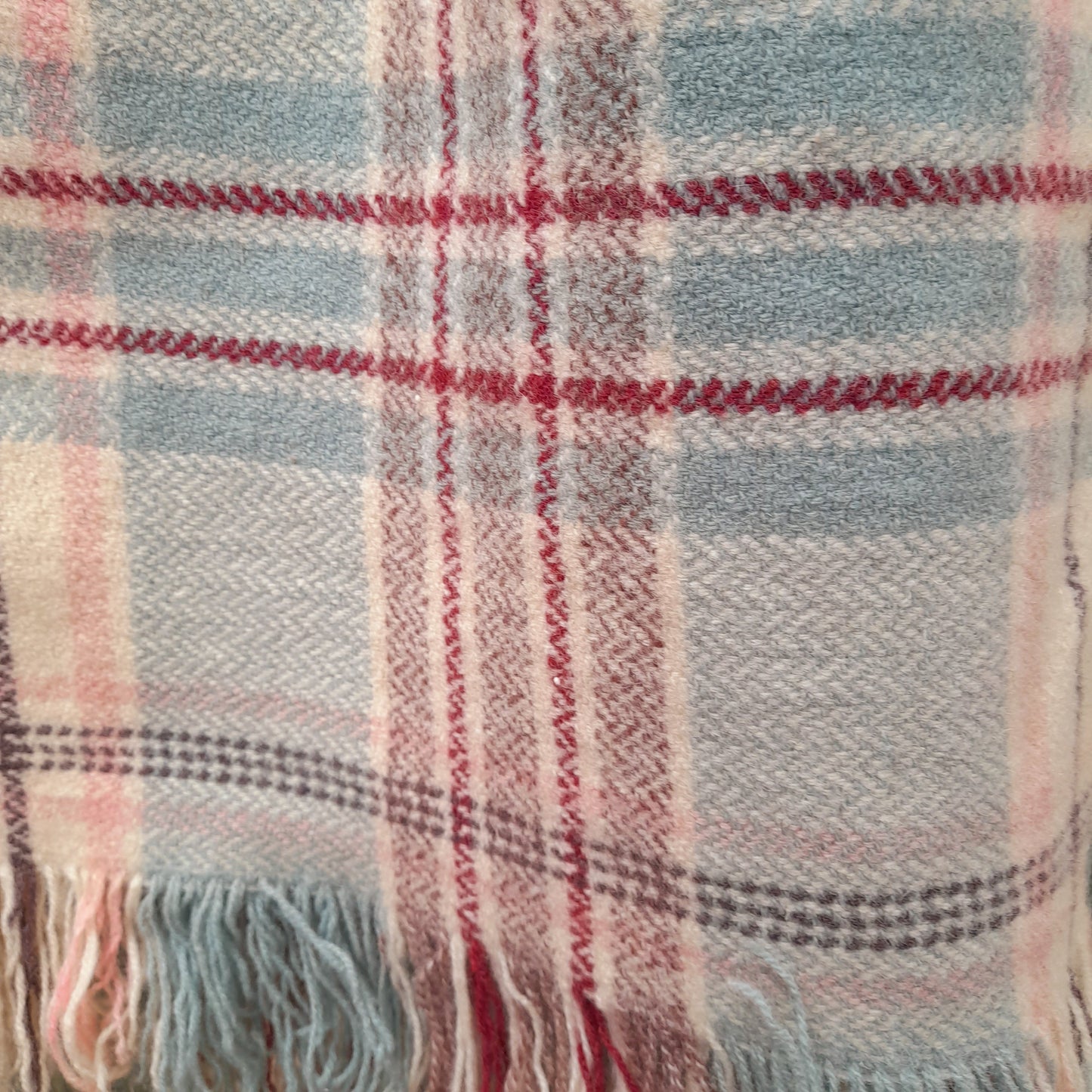 Vintage Welsh Wool Blanket/Carthen in Pale Blue, Cream, Burgundy & Pink Check